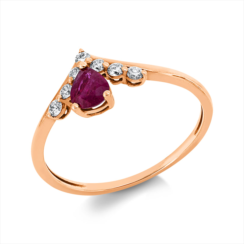 Ring 18 kt RG, 7 Brill. 0,13 ct, TW-si, 1 Rubin 0,39 ct rot