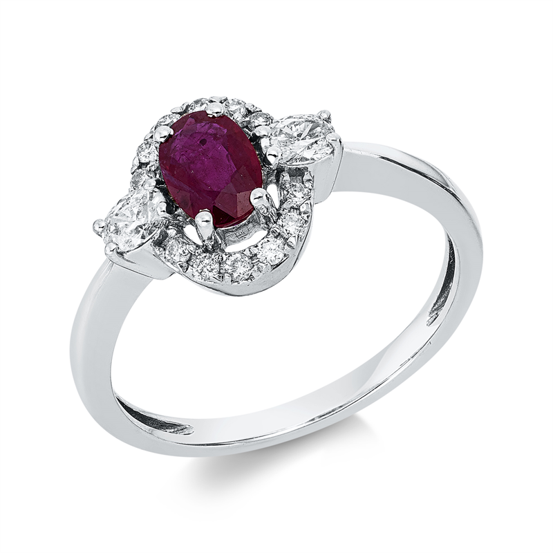 Ring 18 kt WG, 2 Oval 0,19 ct, TW-si, 12 Brill. 0,10 ct, TW-pi, 1 Rubin 0,51 ct rot