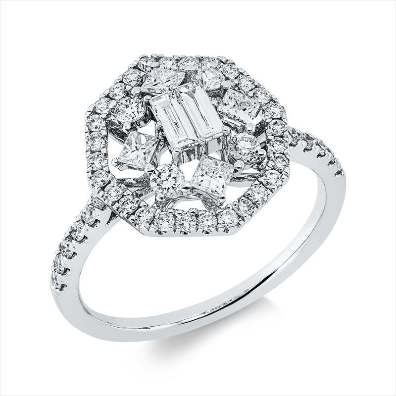 Ring 18 kt WG, 4 Princ. 0,23 ct, TW-vsi, 2 Bag. 0,14 ct, TW-vsi, 44 Brill., TW-si