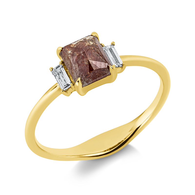 Ring 18 kt GG, 2 Bag. 0,07 ct, I-si, 1 fac. 0,91 ct, braun