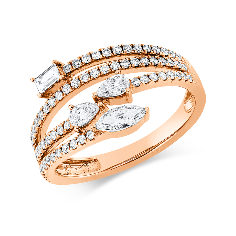 Ring 18 kt RG, 1 Bag. 0,08 ct, TW-si, 1 Nav. 0,16 ct, TW-si, 2 Tropfen 0,19 ct, TW-si, 70 Brill. 0,34 ct, TW-si