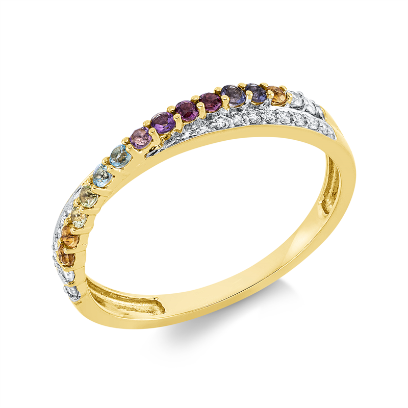 Ring 18 kt GG, Fassung rhodiniert, 20 Brill. 0,12 ct, TW-si, 13 Farbsteine 0,21 ct multicolor