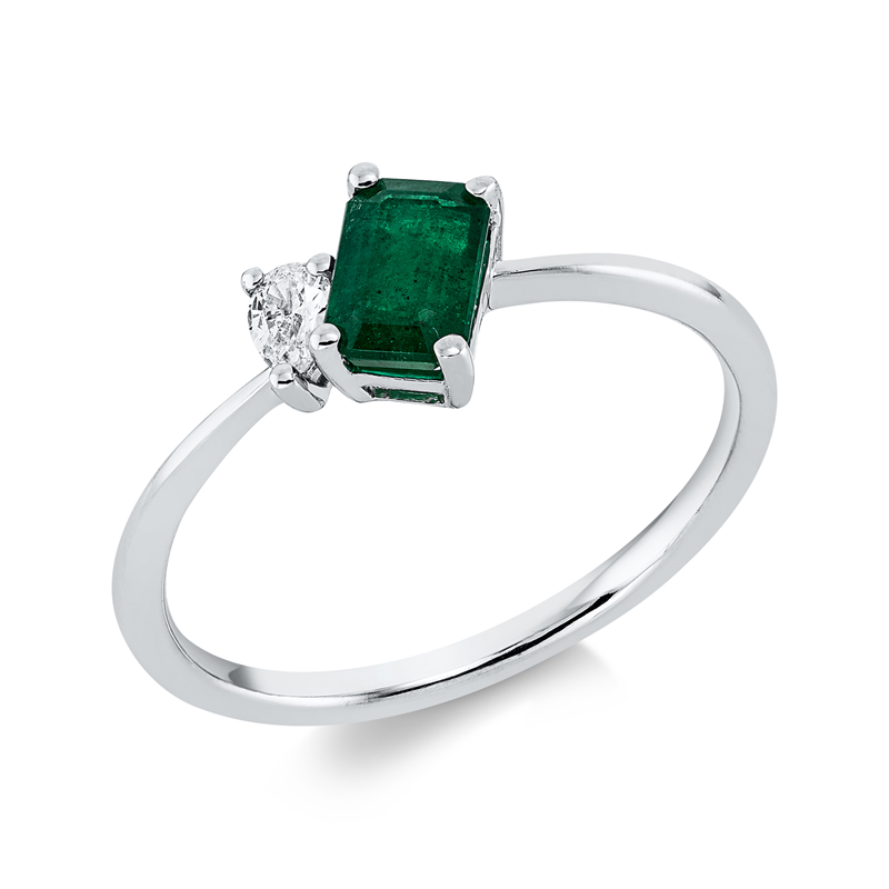 Ring 18 kt WG, 1 Tropfen 0,08 ct, TW-si, 1 Smaragd 0,57 ct grün
