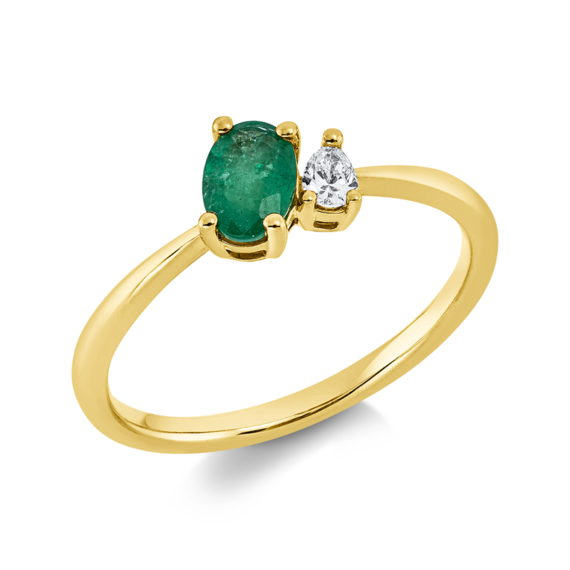Ring 18 kt GG, 1 Tropfen 0,09 ct, TW-si, 1 Smaragd 0,49 ct grün