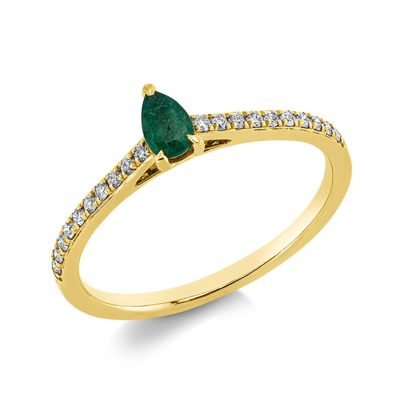 Ring 18 kt GG, 20 Brill. 0,14 ct, TW-si, 1 Smaragd 0,19 ct grün