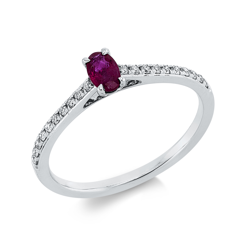 Ring 18 kt WG, 20 Brill. 0,14 ct, TW-si, 1 Rubin 0,31 ct rot