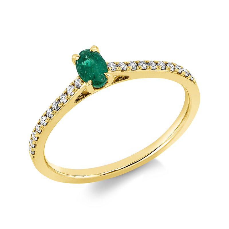 Ring 18 kt GG, 20 Brill. 0,14 ct, TW-si, 1 Smaragd 0,23 ct grün