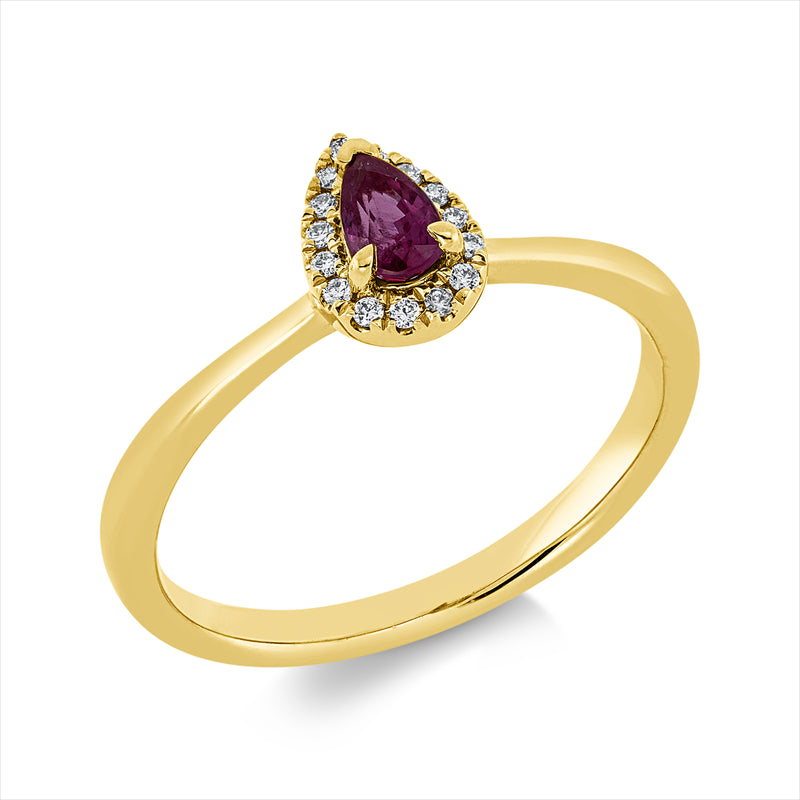 Ring 18 kt GG, 15 Brill. 0,06 ct, TW-si, 1 Rubin 0,30 ct rot