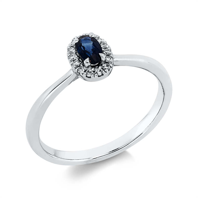 Ring 18 kt WG, 14 Brill. 0,06 ct, TW-si, 1 Saphir 0,33 ct blau