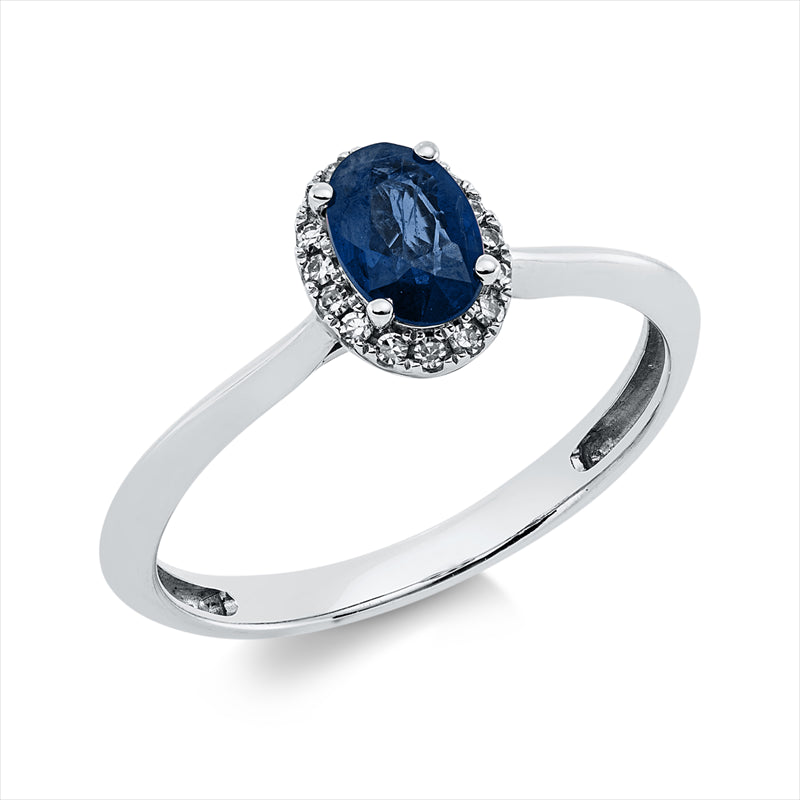 Ring 18 kt WG, 16 Brill. 0,07 ct, TW-si, 1 Saphir 0,58 ct blau