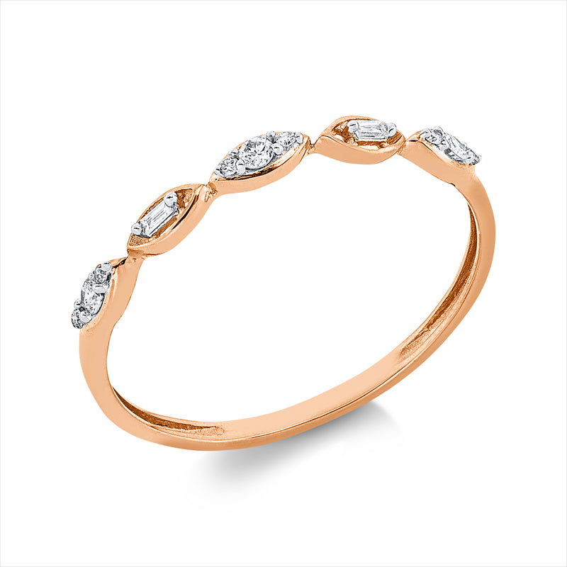 Ring 18 kt RG, Fassung rhodiniert, 2 Bag. 0,02 ct, TW-si, 9 Brill. 0,07 ct, TW-si