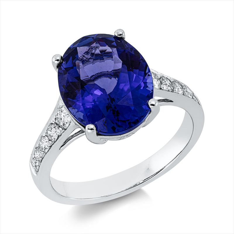 Ring 18 kt WG, 10 Brill. 0,36 ct, TW-si, 1 Tansanit 5,45 ct blau