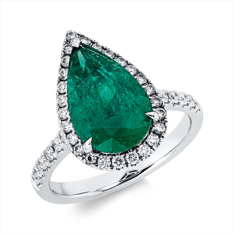 Ring 18 kt WG, 38 Brill. 0,41 ct, F-vsi/si, 1 Smaragd 3,09 ct grün