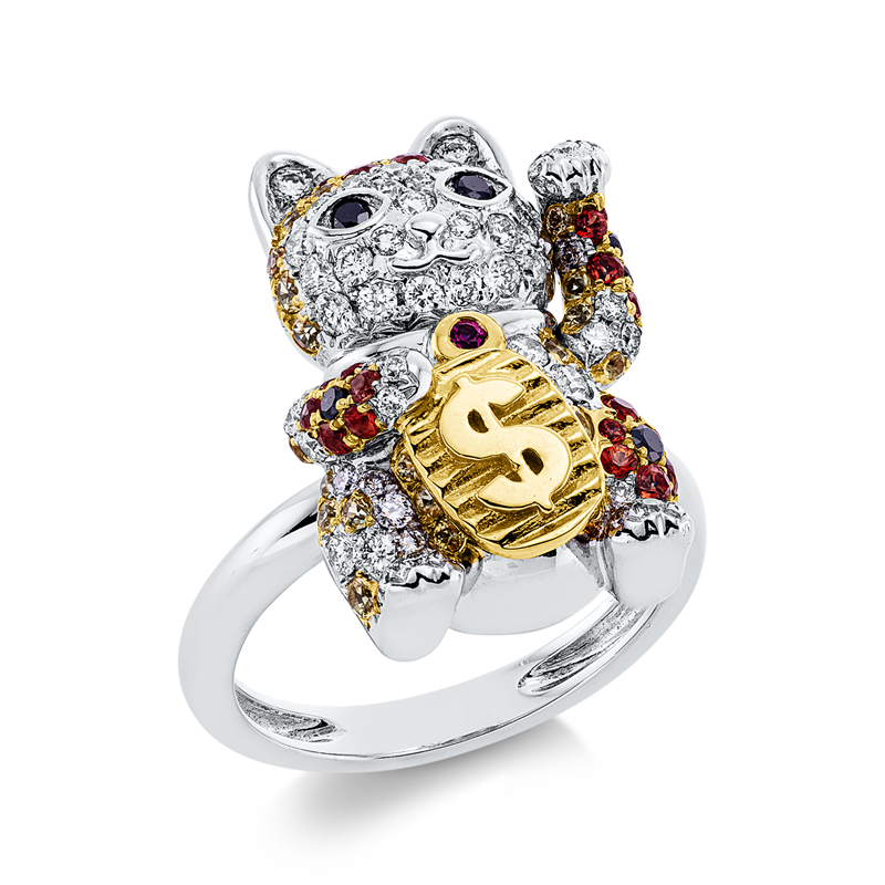 Ring 18 kt WG+GG, 58 Brill. 0,59 ct, TW-vsi, 7 Brill. 0,11 ct, schwarz, 63 Saphire 0,83 ct multicolor, 1 Rubin 0,02 ct rot