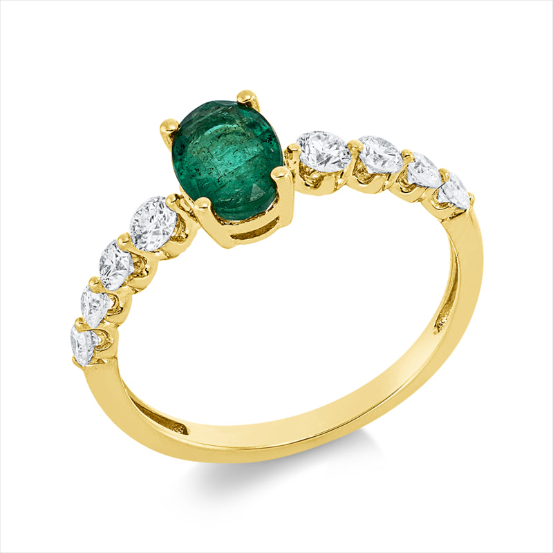 Ring 18 kt GG, 8 Brill. 0,43 ct, TW-si, 1 Smaragd 0,69 ct grün
