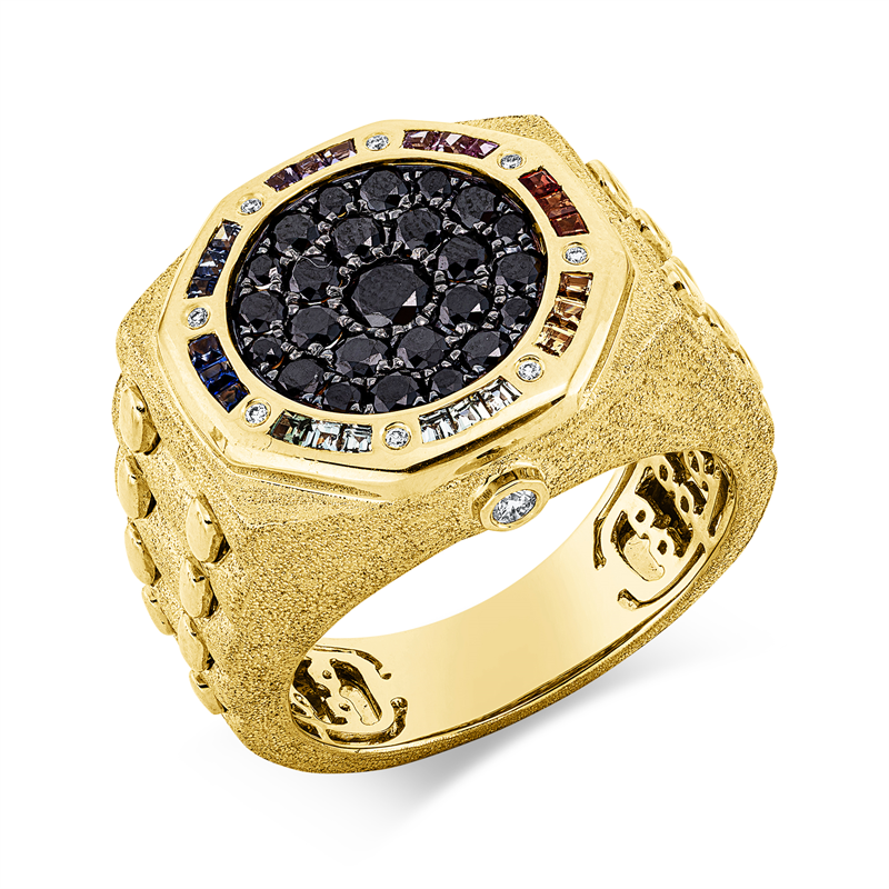 Ring 18 kt GG, 9 Brill. 0,05 ct, TW-si, 25 Brill. 0,88 ct, schwarz, 24 Saphire 0,44 ct fancy