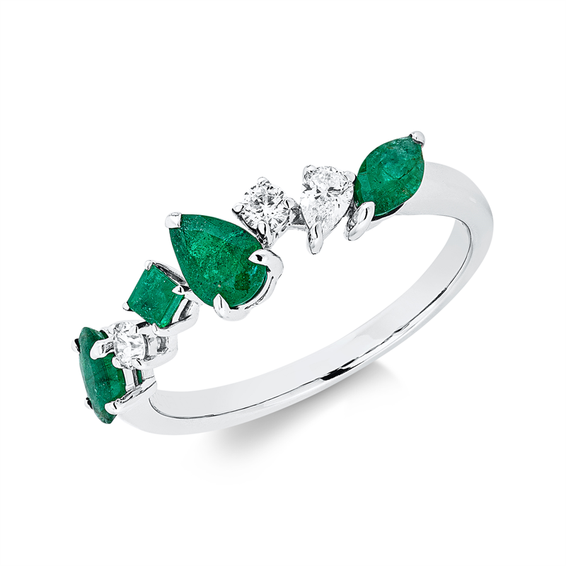 Ring 18 kt WG, 1 Tropfen 0,10 ct, TW-si, 2 Brill. 0,10 ct, TW-si, 4 Smaragde 0,78 ct grün