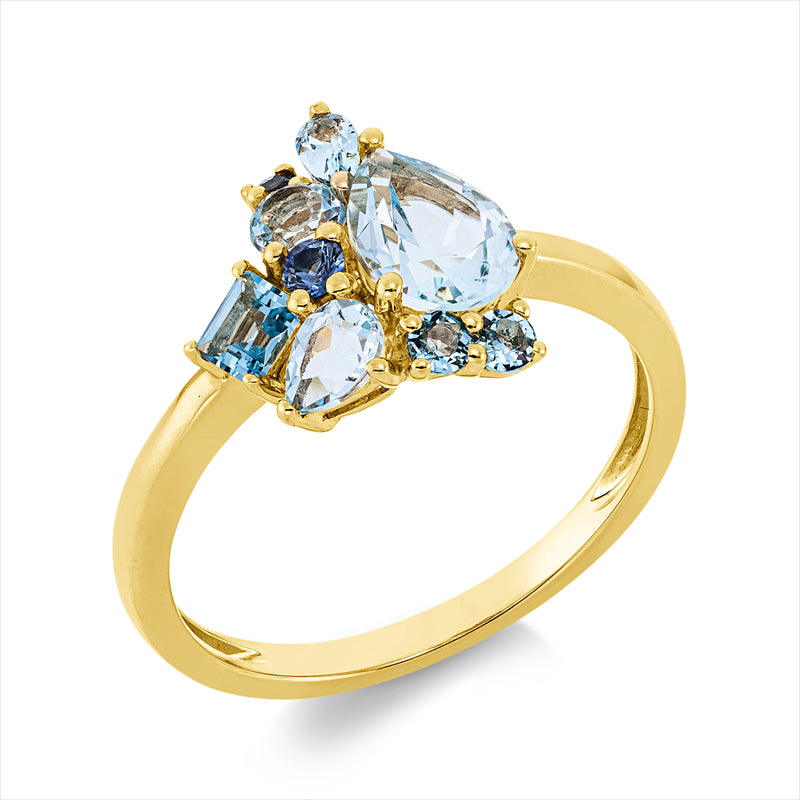 Ring 18 kt GG, 3 Topase 1,30 ct sky blue, 4 Topase 0,40 ct blau, 2 Saphire 0,07 ct blau