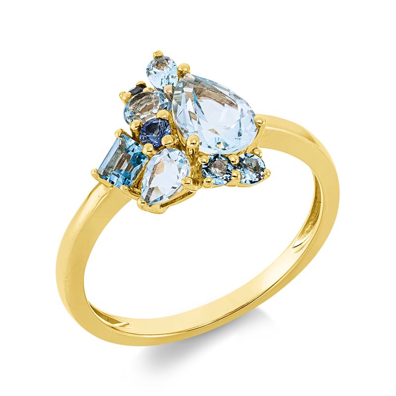 Ring 18 kt GG, 3 Topase 1,30 ct sky blue, 4 Topase 0,40 ct blau, 2 Saphire 0,08 ct blau