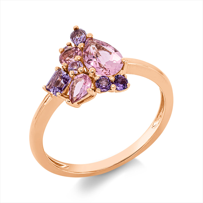 Ring 18 kt RG, 3 Turmalin 1,20 ct pink, 4 Amethyste 0,30 ct pink, 2 Saphire 0,07 ct pink