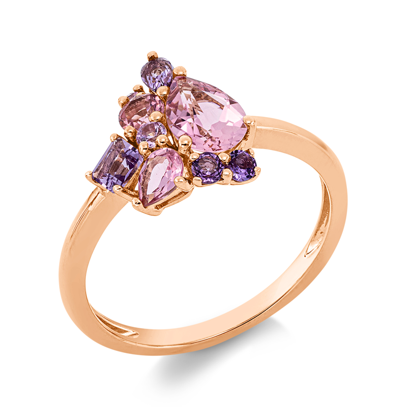 Ring 18 kt RG, 3 Turmalin 1,40 ct pink, 4 Amethyste 0,30 ct pink, 2 Saphire 0,08 ct pink