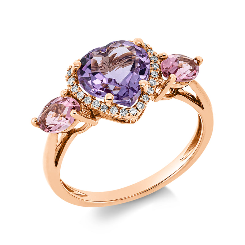 Ring 18 kt RG, 26 Brill. 0,10 ct, TW-si, 1 Amethyst 1,90 ct pink, 2 Turmalin 0,80 ct pink