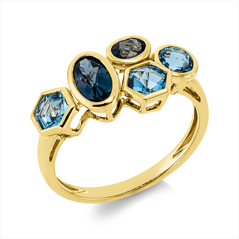Ring 18 kt GG, 1 Topas 0,40 ct blau, 2 Topase 0,90 ct Lond. blue, 2 Topase 0,80 ct blau