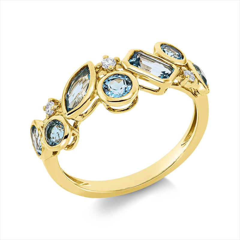 Ring 18 kt GG, 3 Brill. 0,06 ct, TW-si, 4 Topase 1,00 ct blau, 3 Topase 0,60 ct blau