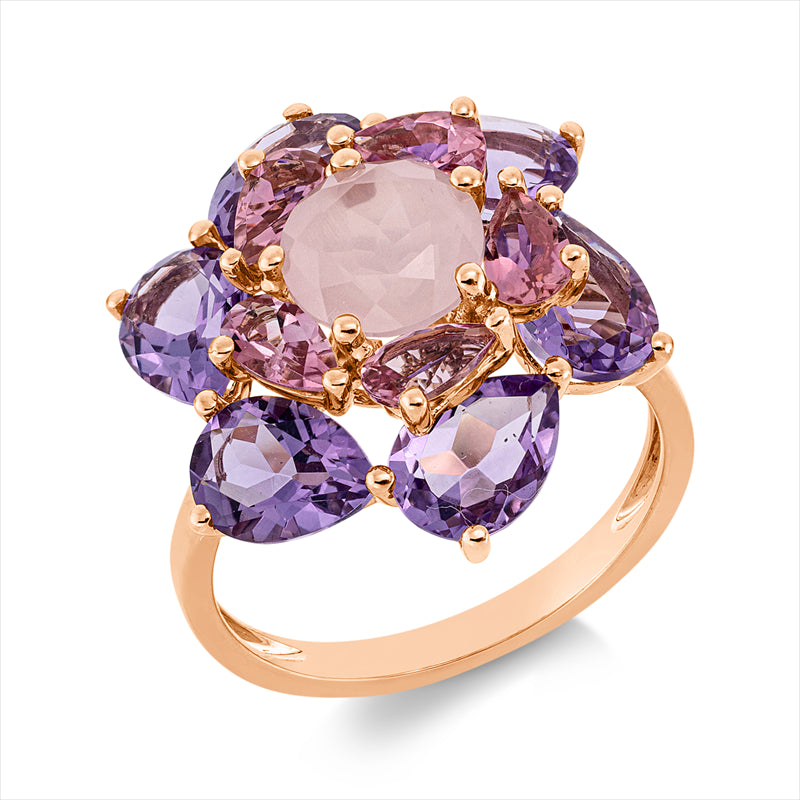 Ring 18 kt RG, 5 Turmalin 1,00 ct pink, 1 Rosenquarz 1,40 ct rosé, 6 Amethyste 3,80 ct pink