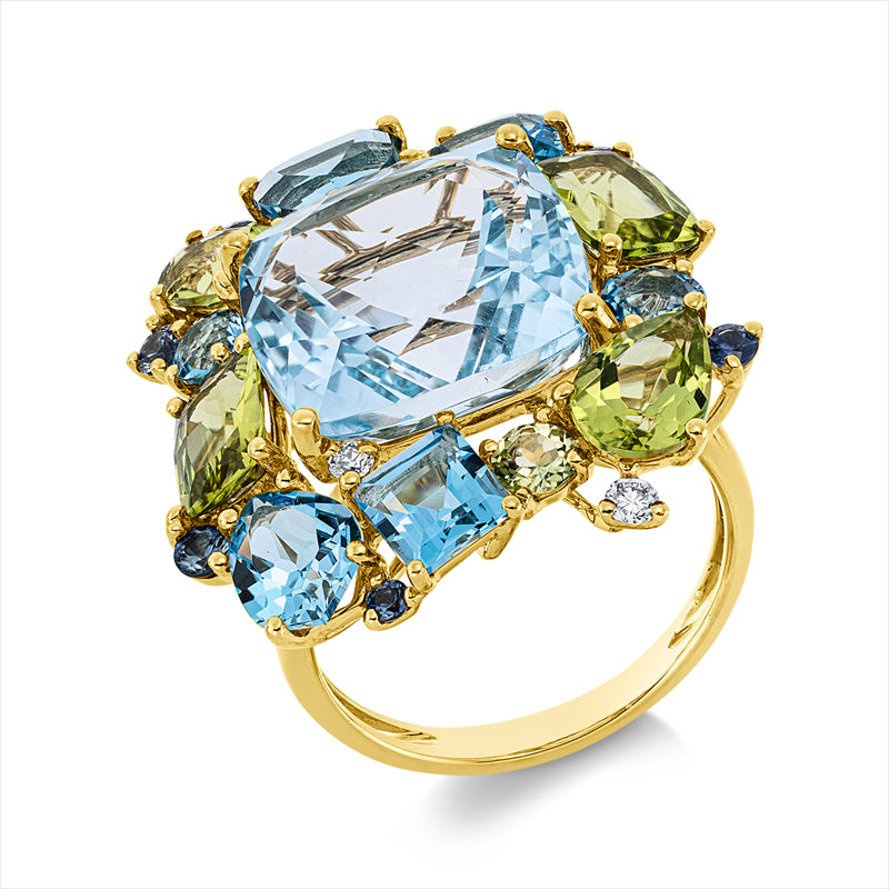 Ring 18ktGG,3 Brill.0,12ct, TW-si,5 Peridot 3,80ct grün,7 Topase 18,00ct multi blau,6 Sapp 0,31ct blau