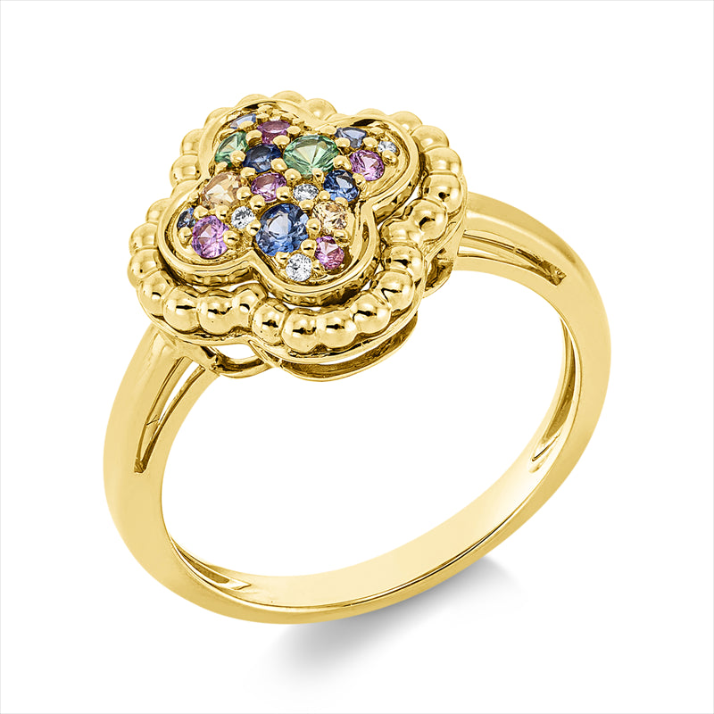 Ring 18 kt GG, 6 Br. 0,04 ct, TW-si, 5 Sap 0,10 ct pink, 2 Tsa 0,09 ct, 6 Sap 0,16 ct, 2 Sap 0,08 ct gelb