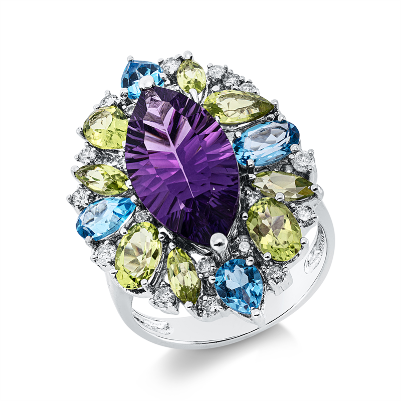 Ring 18 kt WG, 20 Brill. 0,45 ct, W-si/pi, 4 Topase 1,92 ct blau, 1 Am 4,65 ct lila, 8 Peridot 2,63 ct grün