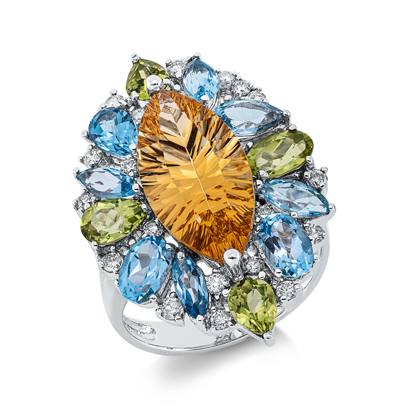 Ring 18 kt WG, 20 Brill.0,45 ct, W-pi, 4 Peridot 2,02 ct grün, 1 Citrin 5,06 ct gelb, 8 Topase 2,87 ct blau