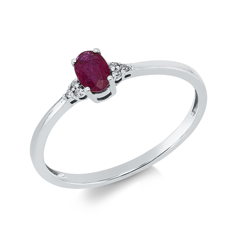 Ring 18 kt WG, 6 Brill. 0,02 ct, TW-si, 1 Rubin 0,43 ct rot