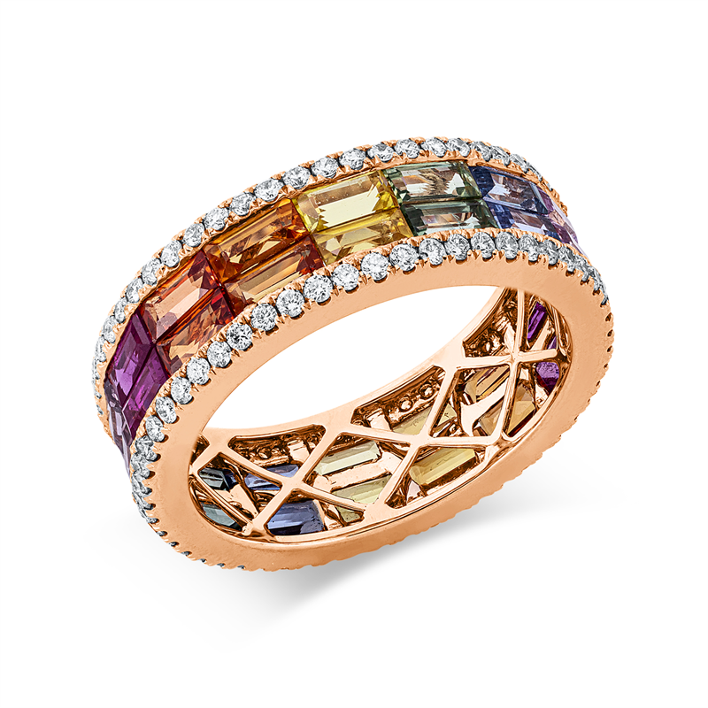 Ring 18 kt RG, 108 Brill. 0,67 ct, TW-si, 32 Saphire 4,26 ct multicolor