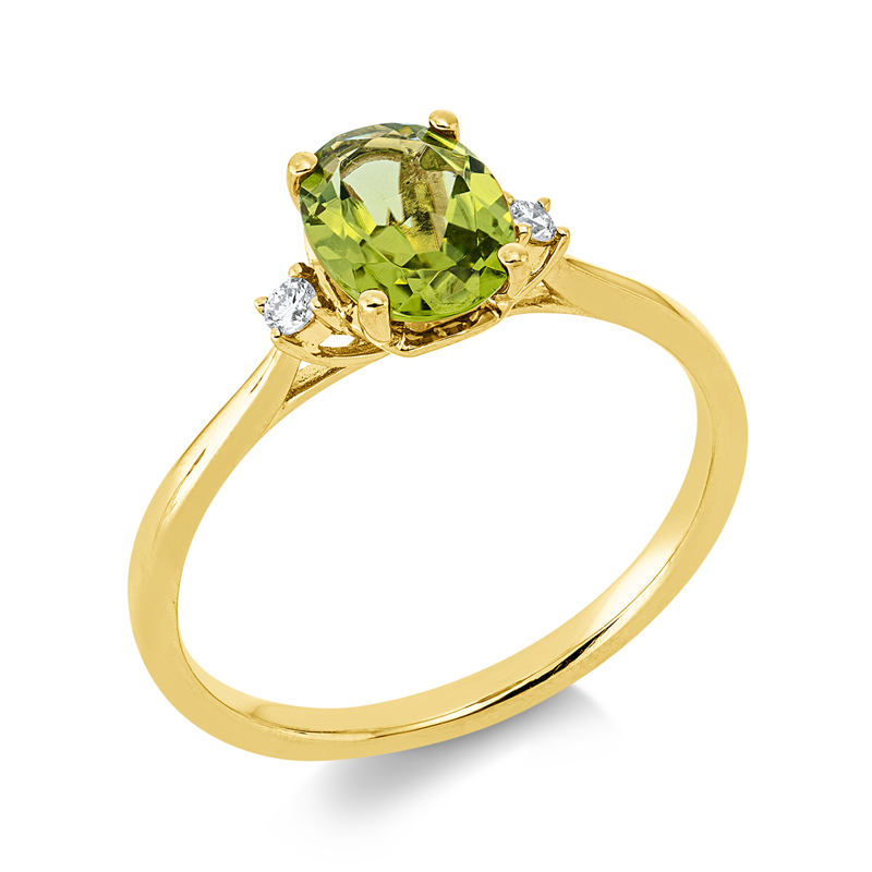 Ring 18 kt GG, 2 Brill. 0,04 ct, TW-si, 1 Peridot 1,30 ct grün