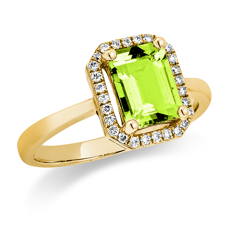 Ring 18 kt GG, 26 Brill. 0,14 ct, TW-si, 1 Peridot 1,76 ct grün
