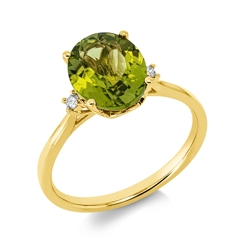 Ring 18 kt GG, 2 Brill. 0,04 ct, TW-si, 1 Peridot 2,75 ct grün