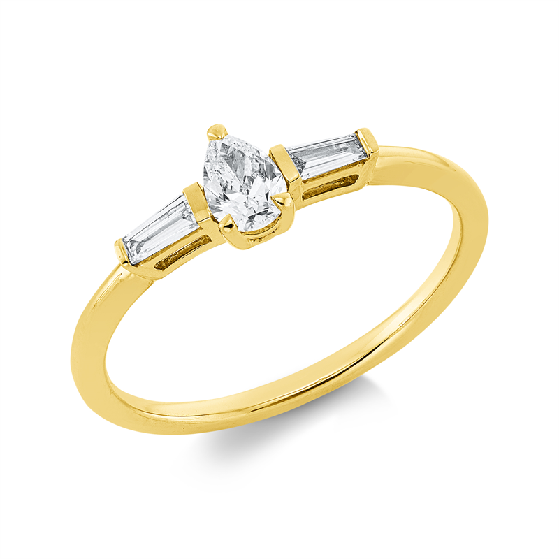 Ring 18 kt GG, 1 Tropfen 0,21 ct, TW-si, 2 Trap. 0,10 ct, TW-si