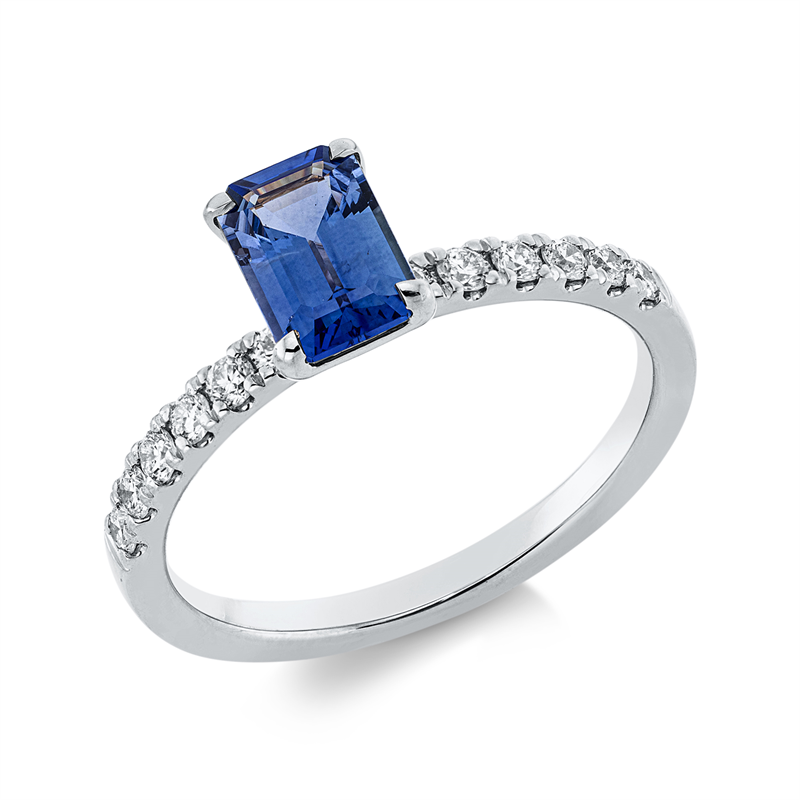 Ring 18 kt WG, 12 Brill. 0,25 ct, TW-si, 1 Saphir 1,01 ct blau