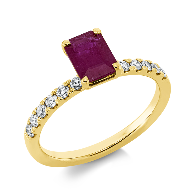Ring 18 kt GG, 12 Brill. 0,25 ct, TW-si, 1 Rubin 1,24 ct rot