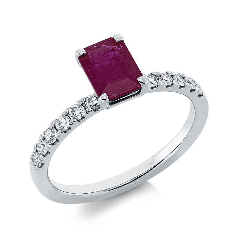 Ring 18 kt WG, 12 Brill. 0,25 ct, TW-si, 1 Rubin 1,11 ct rot