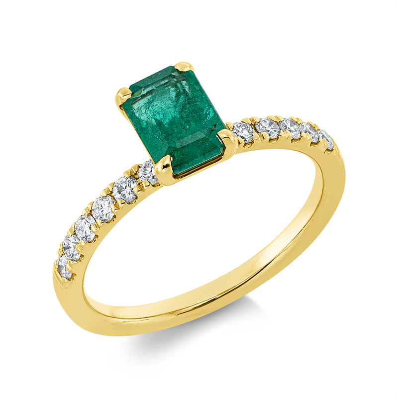 Ring 18 kt GG, 12 Brill. 0,25 ct, TW-si, 1 Smaragd 1,06 ct grün