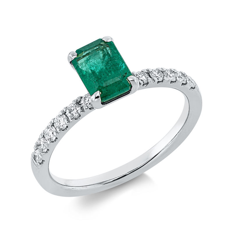 Ring 18 kt WG, 12 Brill. 0,25 ct, TW-si, 1 Smaragd 0,88 ct grün