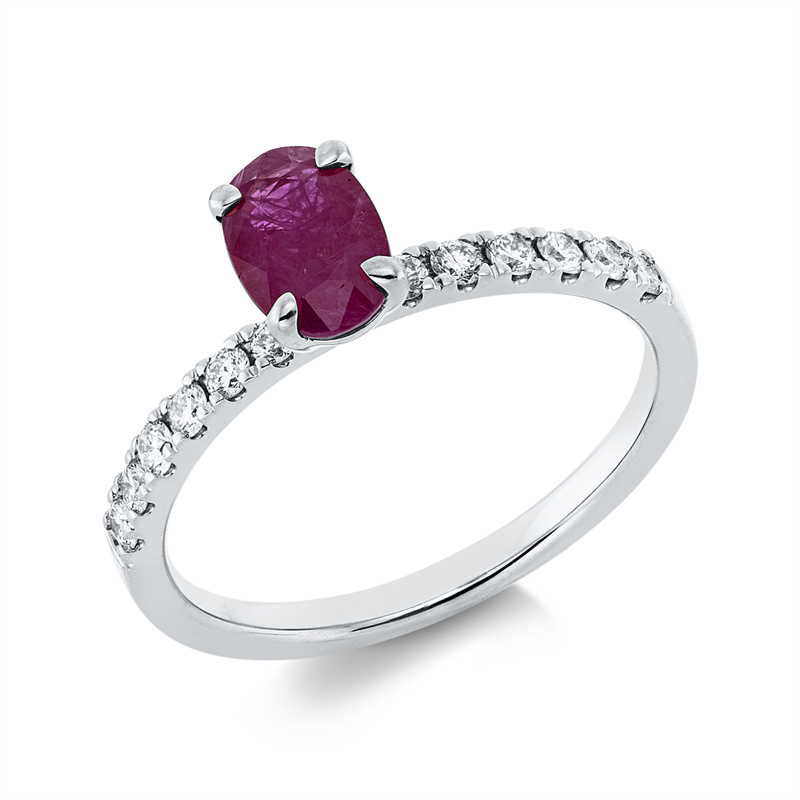 Ring 18 kt WG, 12 Brill. 0,25 ct, TW-si, 1 Rubin 0,94 ct rot