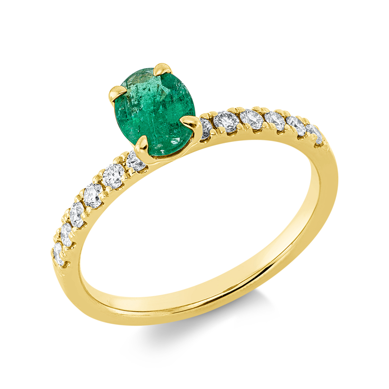 Ring 18 kt GG, 12 Brill. 0,25 ct, TW-si, 1 Smaragd 0,68 ct grün