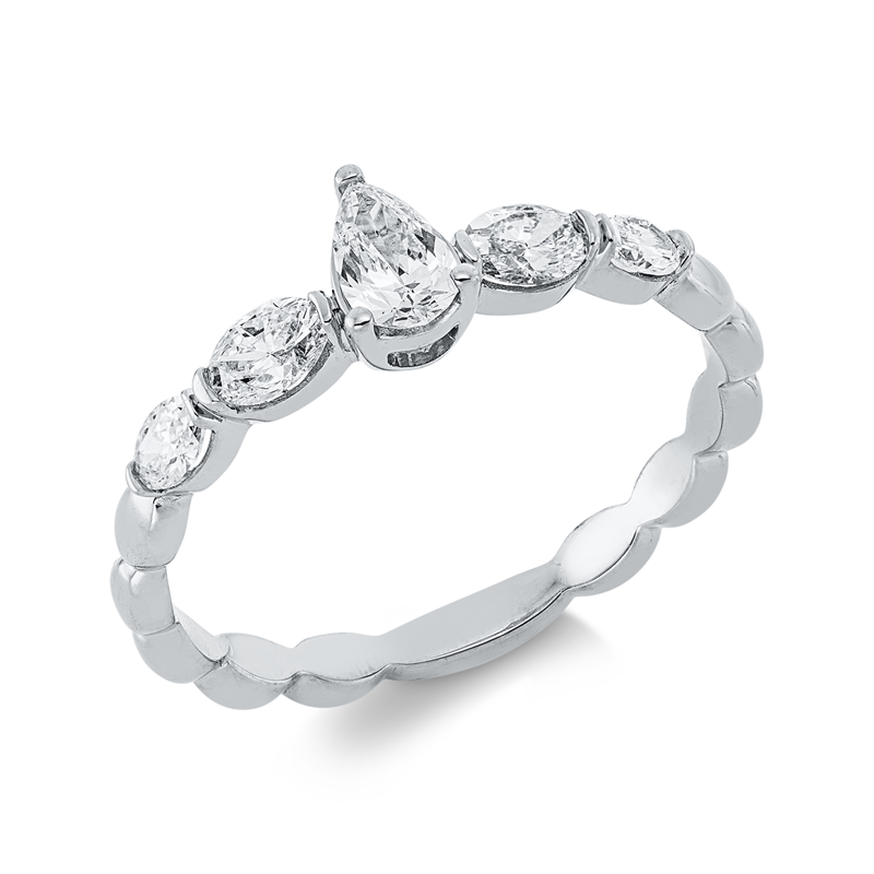 Ring 18 kt WG, 1 Tropfen 0,25 ct, TW-si, 4 Oval 0,41 ct, TW-si