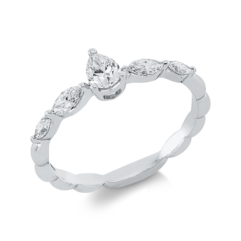 Ring 18 kt WG, 1 Tropfen 0,20 ct, TW-si, 4 Nav. 0,31 ct, TW-si