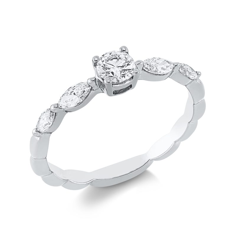Ring 18 kt WG, 1 Brill. 0,25 ct, TW-si, 4 Nav. 0,30 ct, TW-si