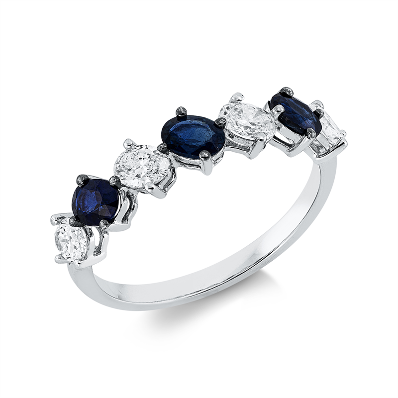 Ring 18 kt WG, 4 Oval 0,60 ct, TW-vsi/si, 3 Saphire 0,63 ct blau